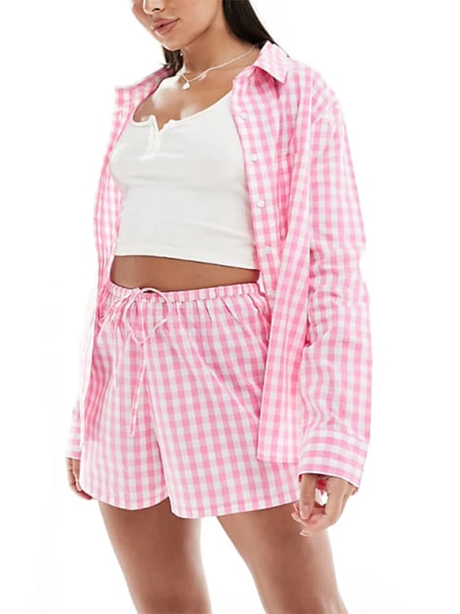 Womens Lounge Set Plaid Long Sleeve Button Down Tops Elastic Waist Drawstring Shorts 2 Piece Pajama Outfit