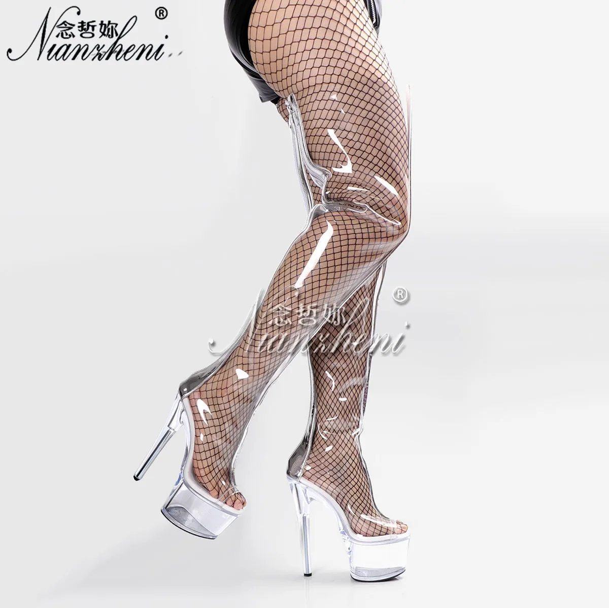 Novelty Clear crystal Peep Toe Over The Knee Long Boots 8inch High Heels 17cm Thin Exotic platform Stripper Sexy Fetish Gothic