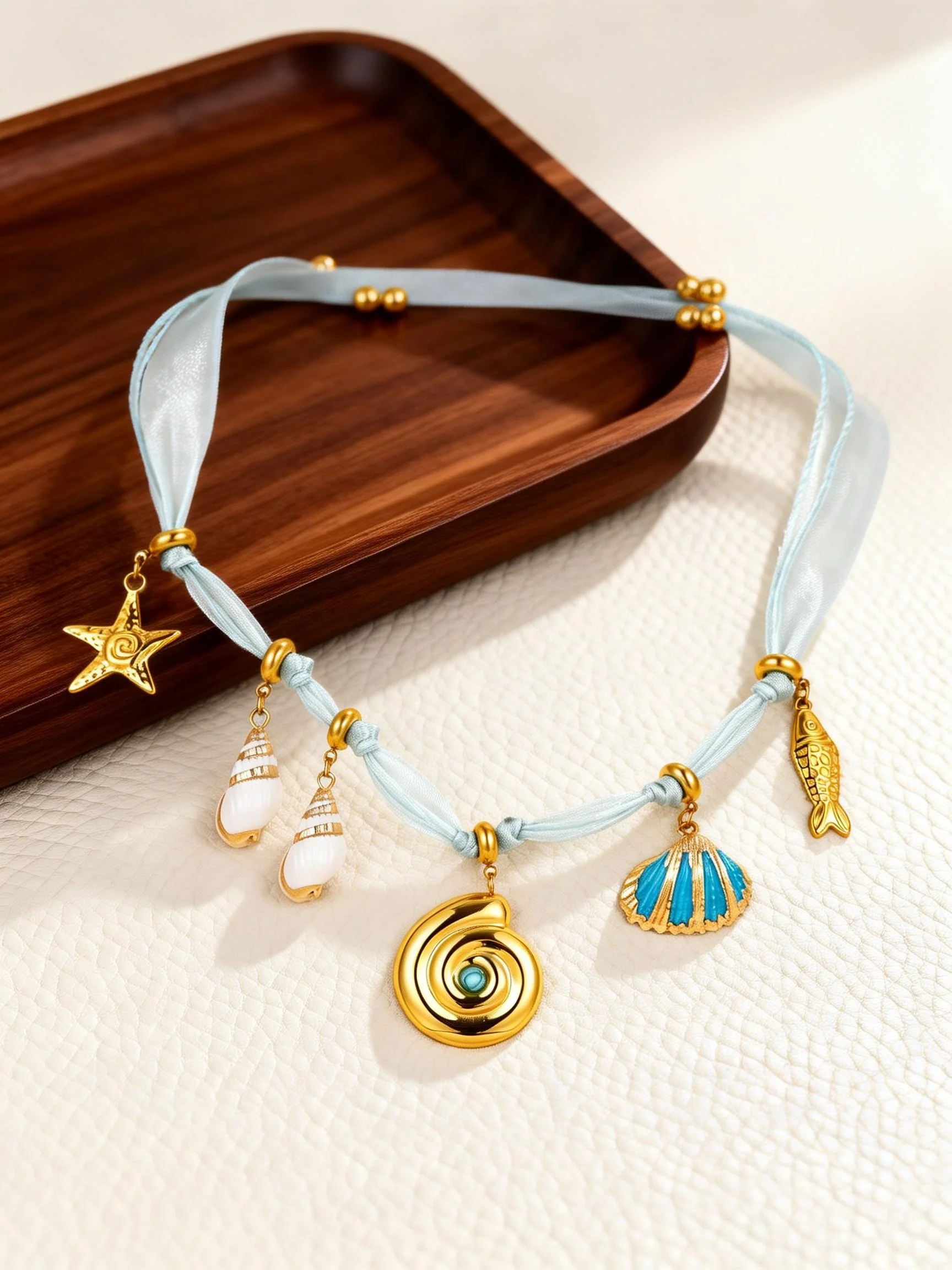 Women's Ocean Style Starfish Conch Fish Shell Charms Organza Sheer Necklace, Mint Green Summer Beach Holiday Fashion Jewelry