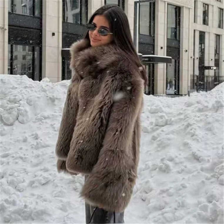 معطف نسائي دافئ من ألياف البوليستر لخريف وشتاء وصل حديثًا ملابس خارجية أساسية ذات ياقة ثابتة ملابس خارجية فروي متعددة الاستخدامات #3