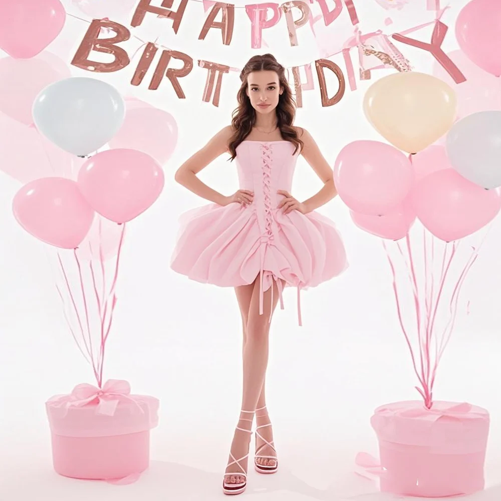 فساتين قصيرة من Sweet Pink Bubble لحفلات أعياد الميلاد وأربطة مشد علوي فستان فتاة صغيرة للتاريخ فستان العطلة