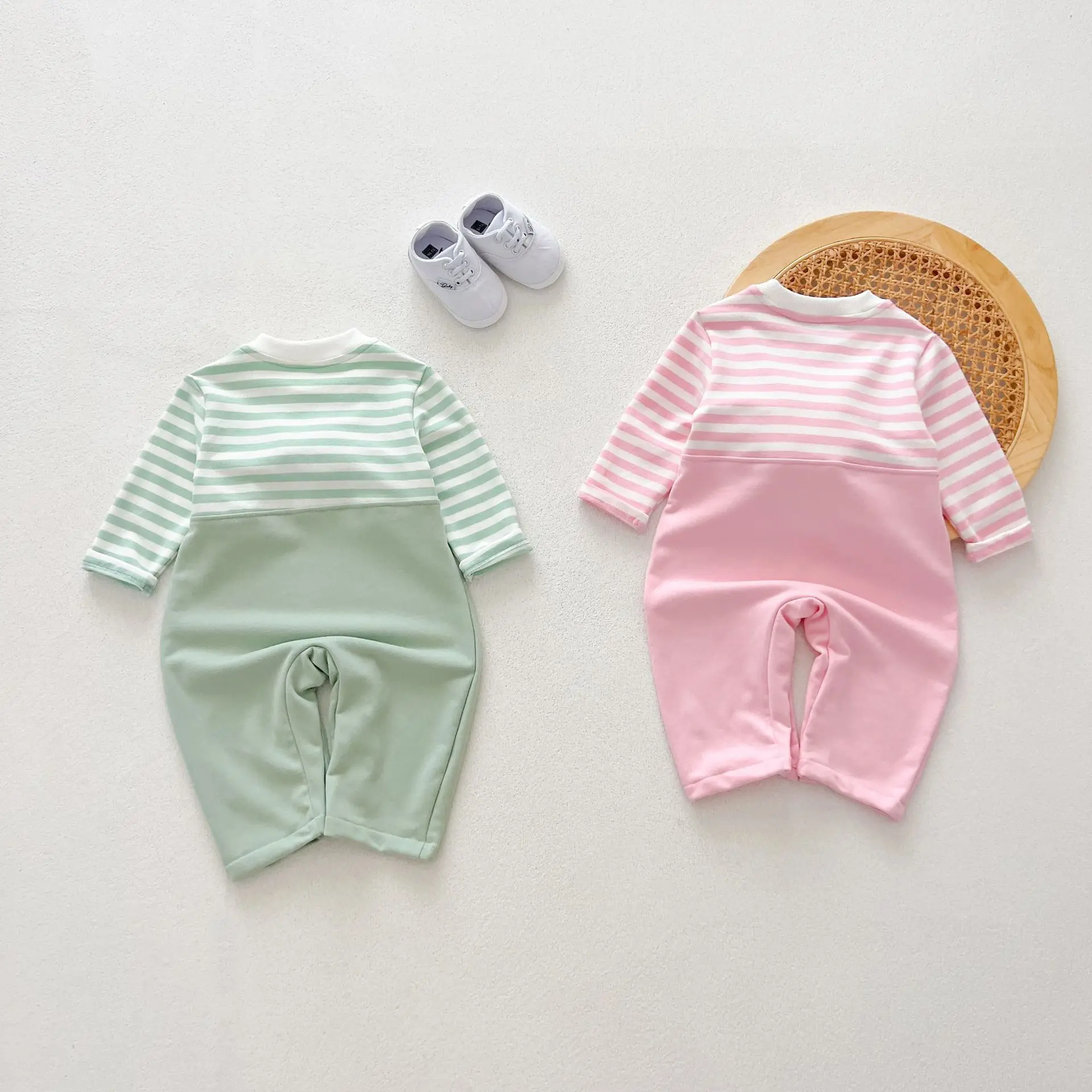 Autumn Baby Girls Fake 2PCS Romper Striped Spliced Cartoon Cotton Infant Girls Jumpsuit Casual Cute Toddler Girls Outfits