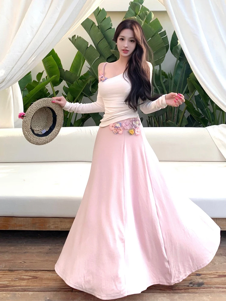 

Sweet Style Long Sleeve Base Shirt Beautiful 3D Flower Strap Dress Set Women's Fashionable Casual High Waist T-Shirt Winter Wear