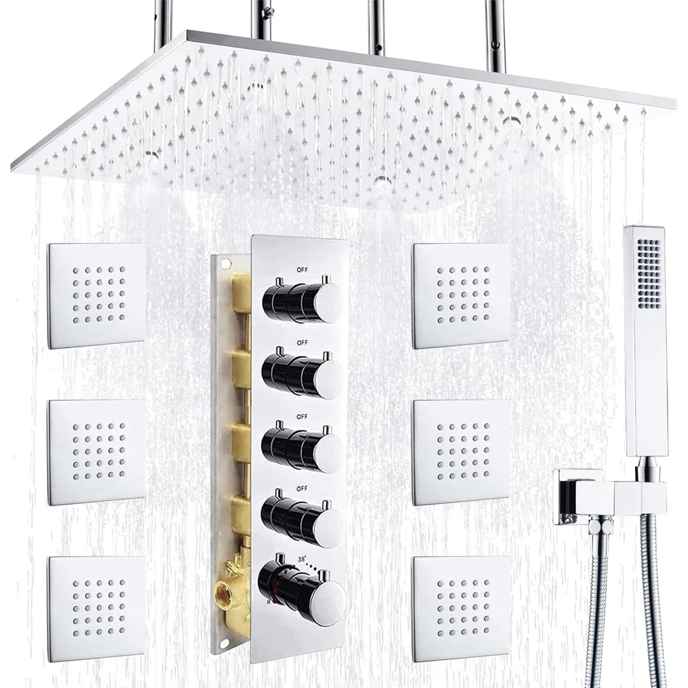 Luxury 2-Function 20-Inch LED Rainfall Spa Thermostatic Shower System Modern Complete Shower Faucet Set Polished Surface Soft