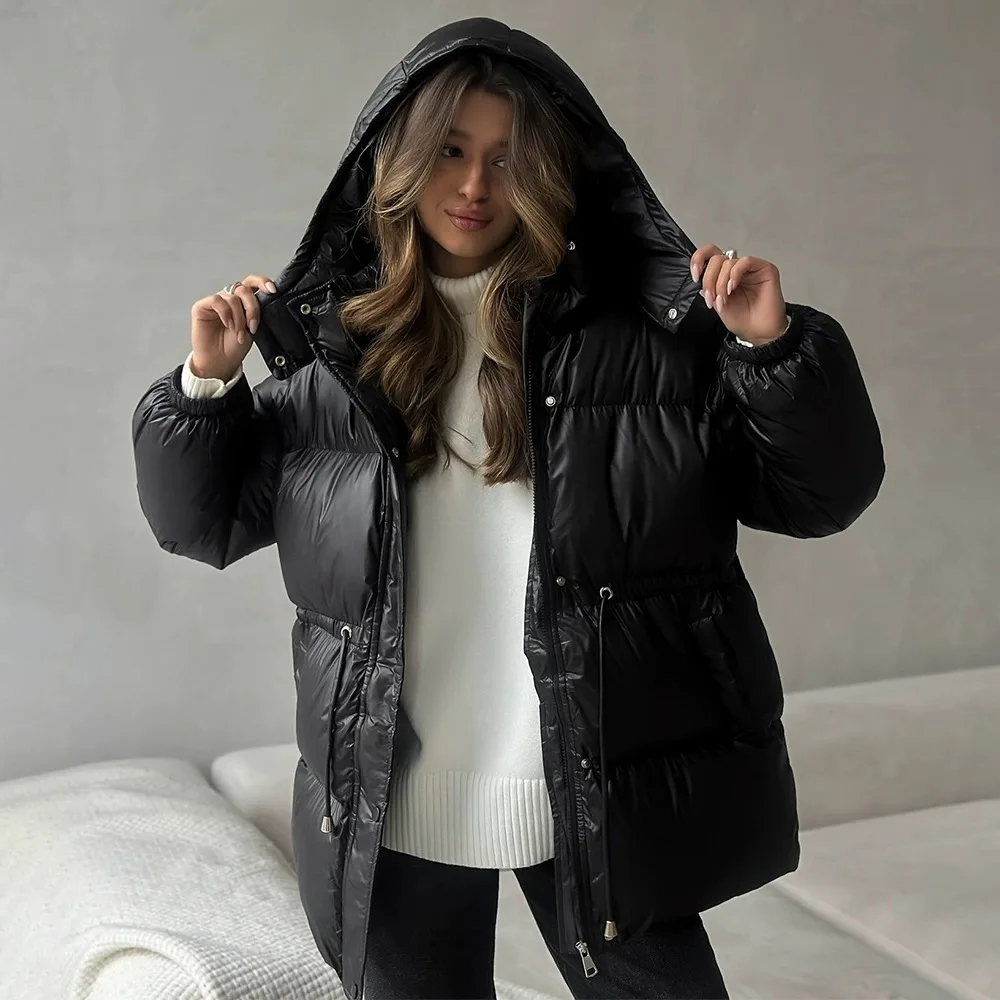 Thicken Cotton Jackets Women High Neck Long Sleeves Zipper Drawstring Warm Coats Female 2026 Winter Casual Solid Loose Outfits