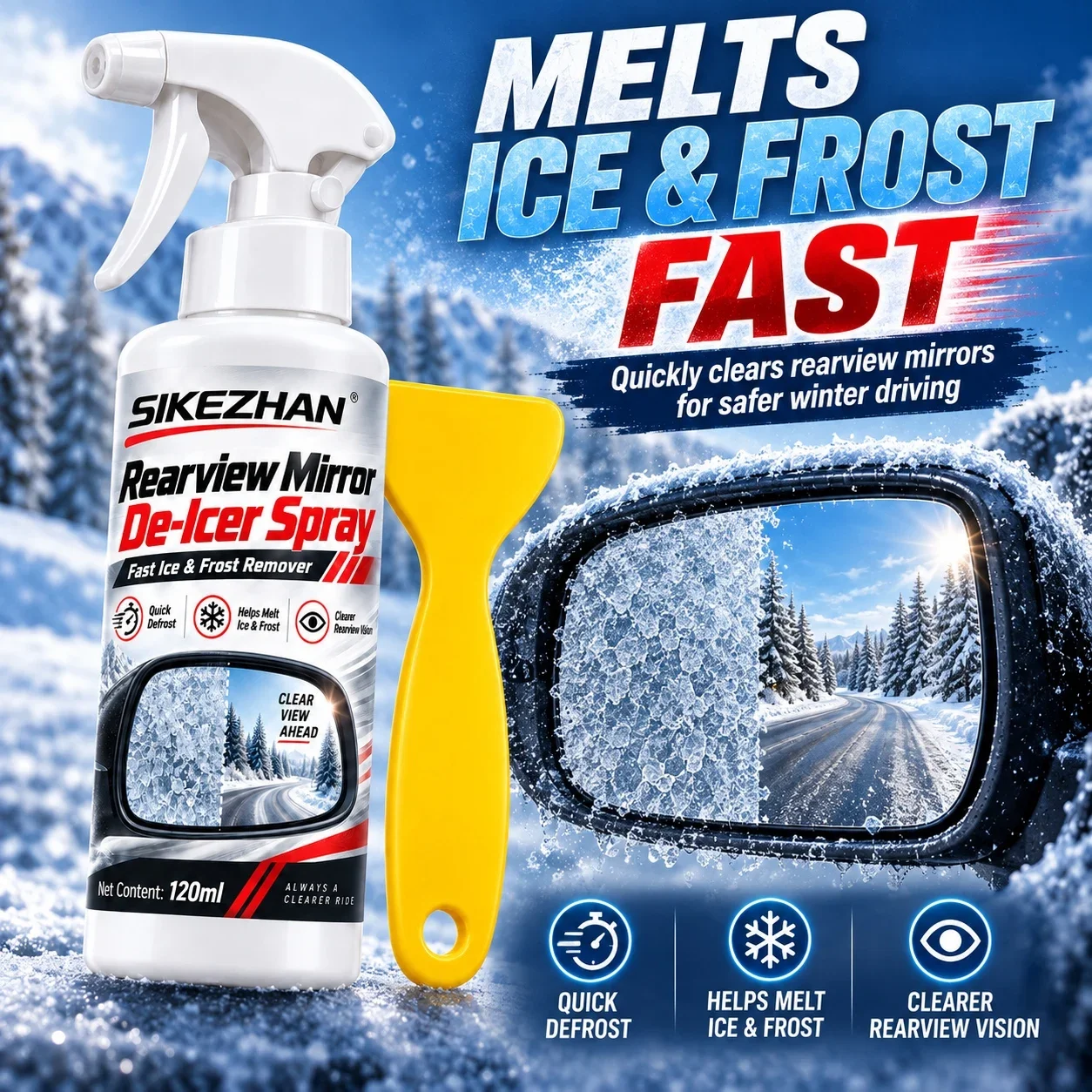 Fast Car Windshield De-Icer Spray Auto Rearview Mirror Ice Frost Remover Winter Glass Defrost Melting Cleaning with Scraper