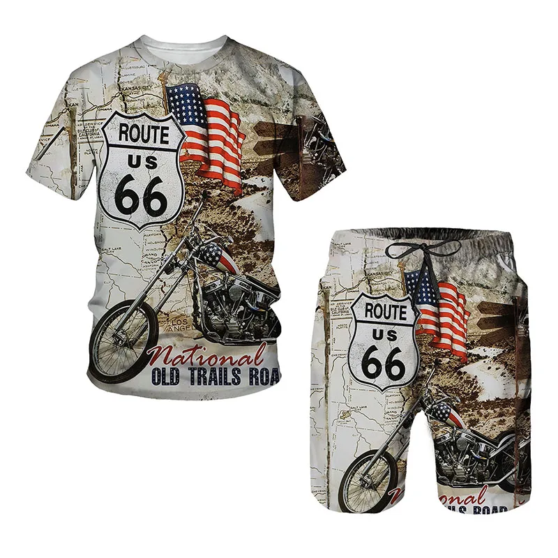 Route 66 Oldtimer 3D-Druck Herren T-Shirt Anzug Männlich Lässig O-Ausschnitt Trainingsanzug Herren Trapsta Kurzarm Set Übergroß Retro 2-teilig