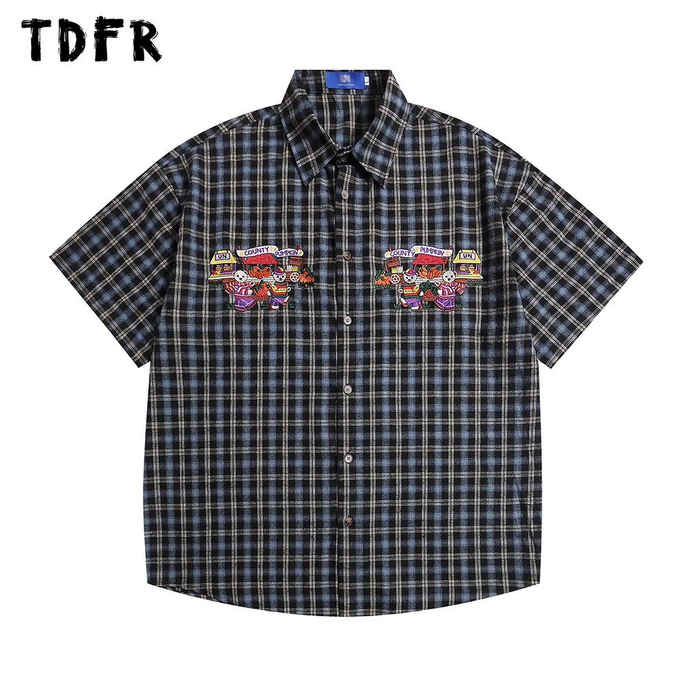 Little bear Embroidery Plaid Short Sleeve Shirts Mens Retro Casual Loose Single Breasted Lapel Half-Sleeve Cotton Shirts Men