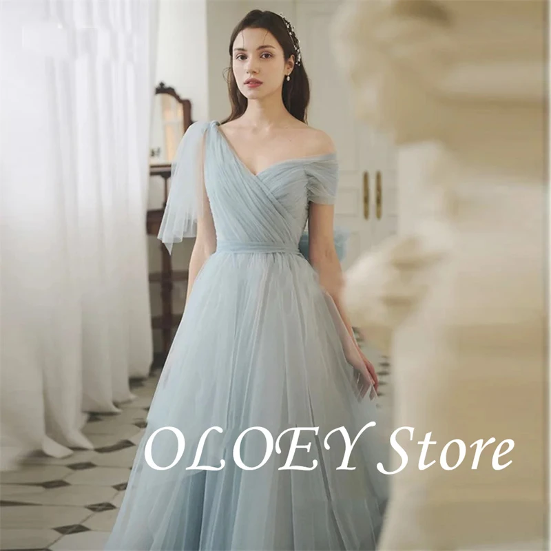 OLOEY  Fairy Dusty Blue Tulle Long Evening Dresses Korea Photoshoot Floor Length Prom Gowns Wedding Party Dress customized