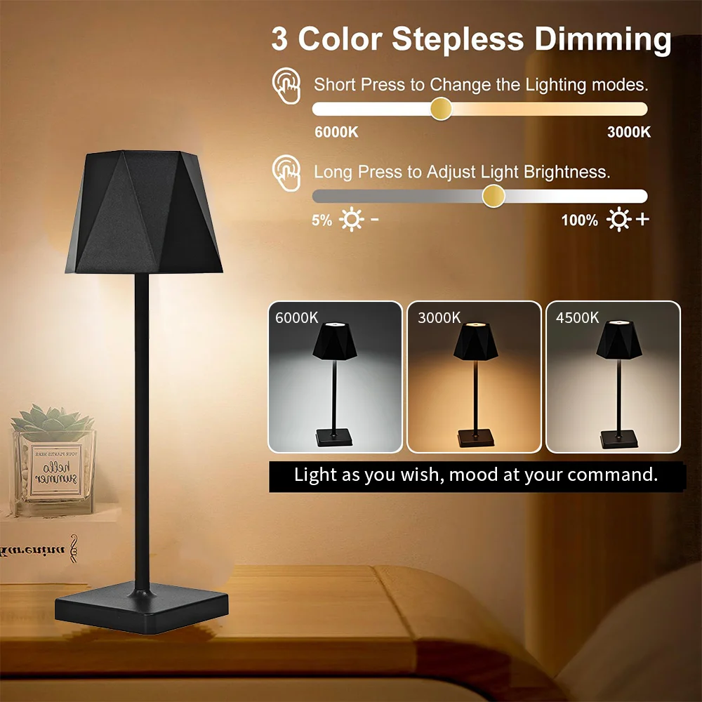 Rechargeable Table Lamp, Touch Control Desk Lamp with 3 Color Modes & Stepless Dimming, Portable Bedside Lamp for Bedroom