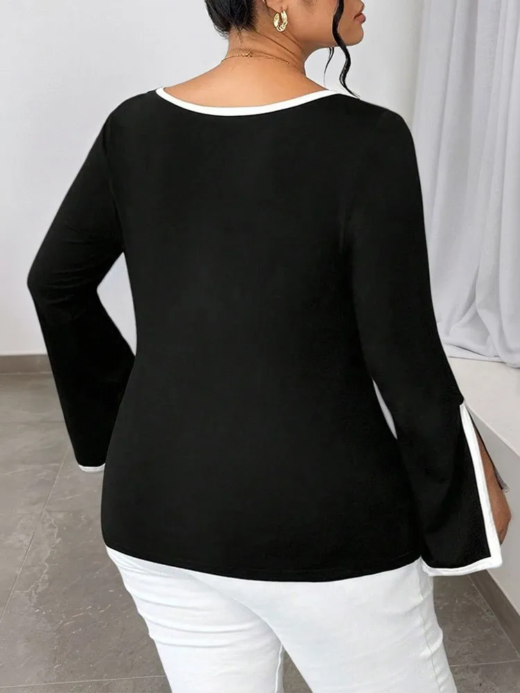 Feminino plus size XL-3XL outono inverno casual com decote em v manga longa preto solto camiseta esportes ao ar livre topo roupas femininas de grandes dimensões