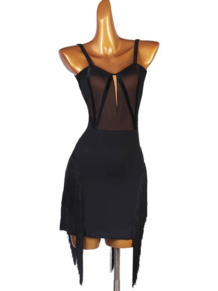 

Черное латинское платье с кисточками без рукавов, танцевальная тренировочная одежда, костюм для соревнований, одежда для выступлений, сценический наряд, бальные платья