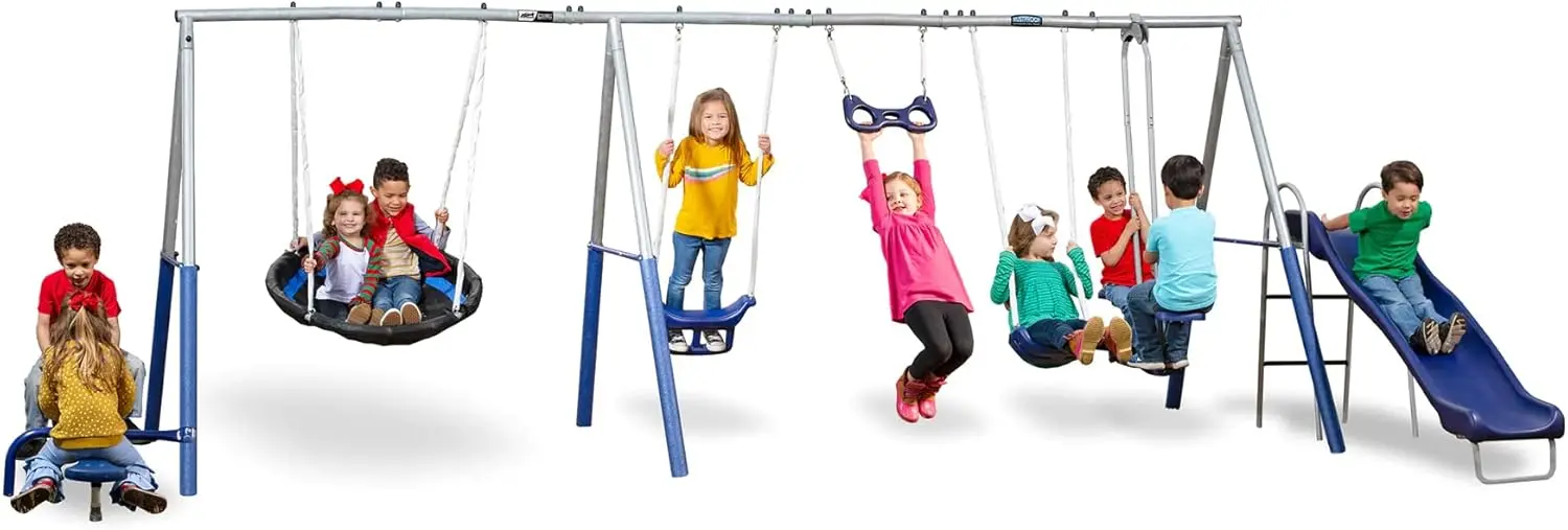 Fun All Mighty Metal A-Frame Kids Swing Set with 10 Child Capacity Outdoor Backyard Home Playground with Slide and 5 Swing Types