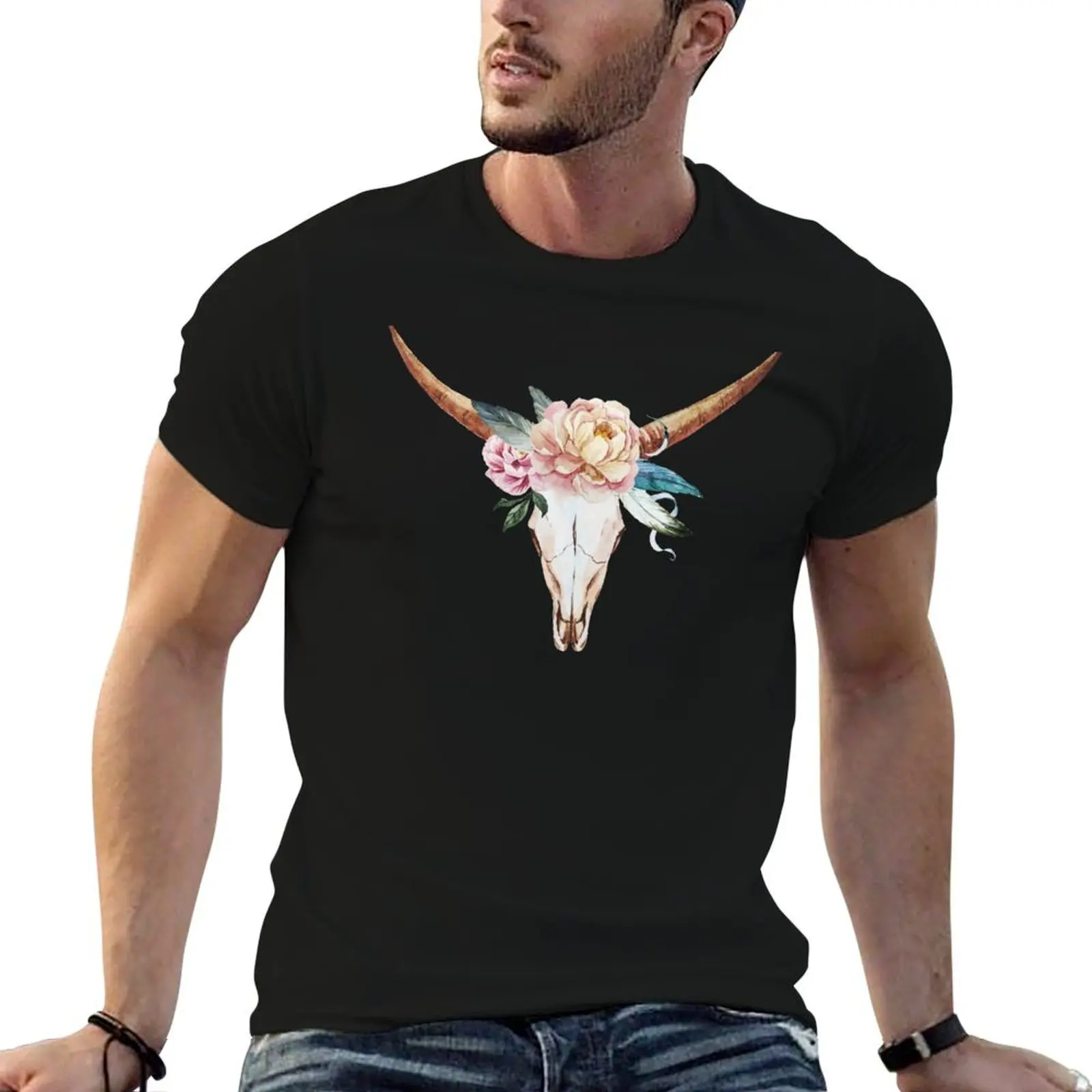 Skull with watercolour flowers T-Shirt Anti-Wrinkle Short Sleeve T-Shirt