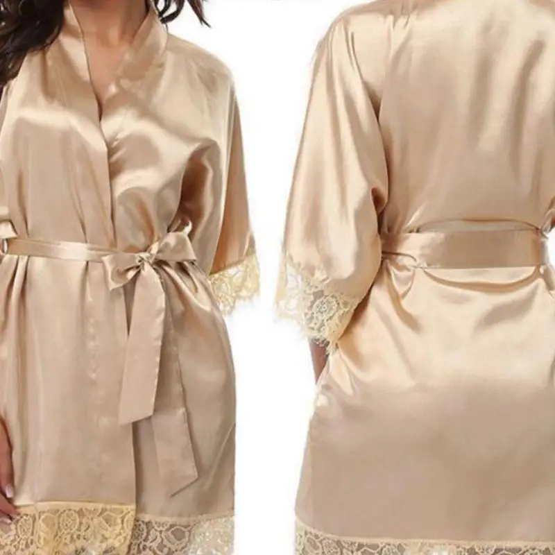 Y3NE Elegant Bathrobe Womens 3/4 Sleeve Lace Trim Ice Silk Kimono Robe for Loungewear