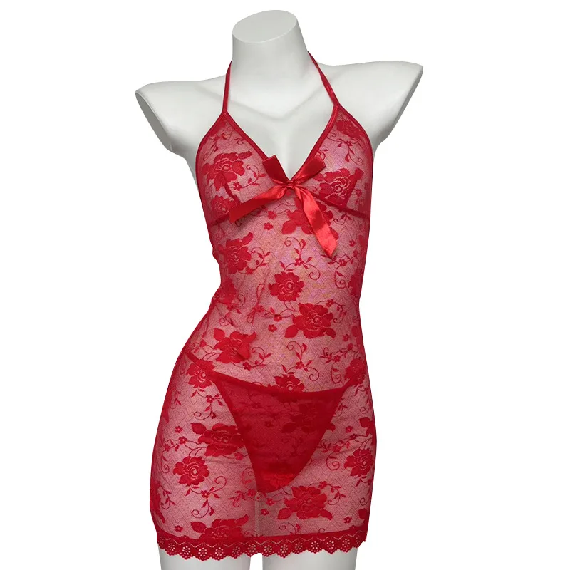 

Ladies' Sexy Lingerie Purple Pure Desire Nightgown Provocative Lace Seduction No Need To Take Off Pajamas Set on The Bed