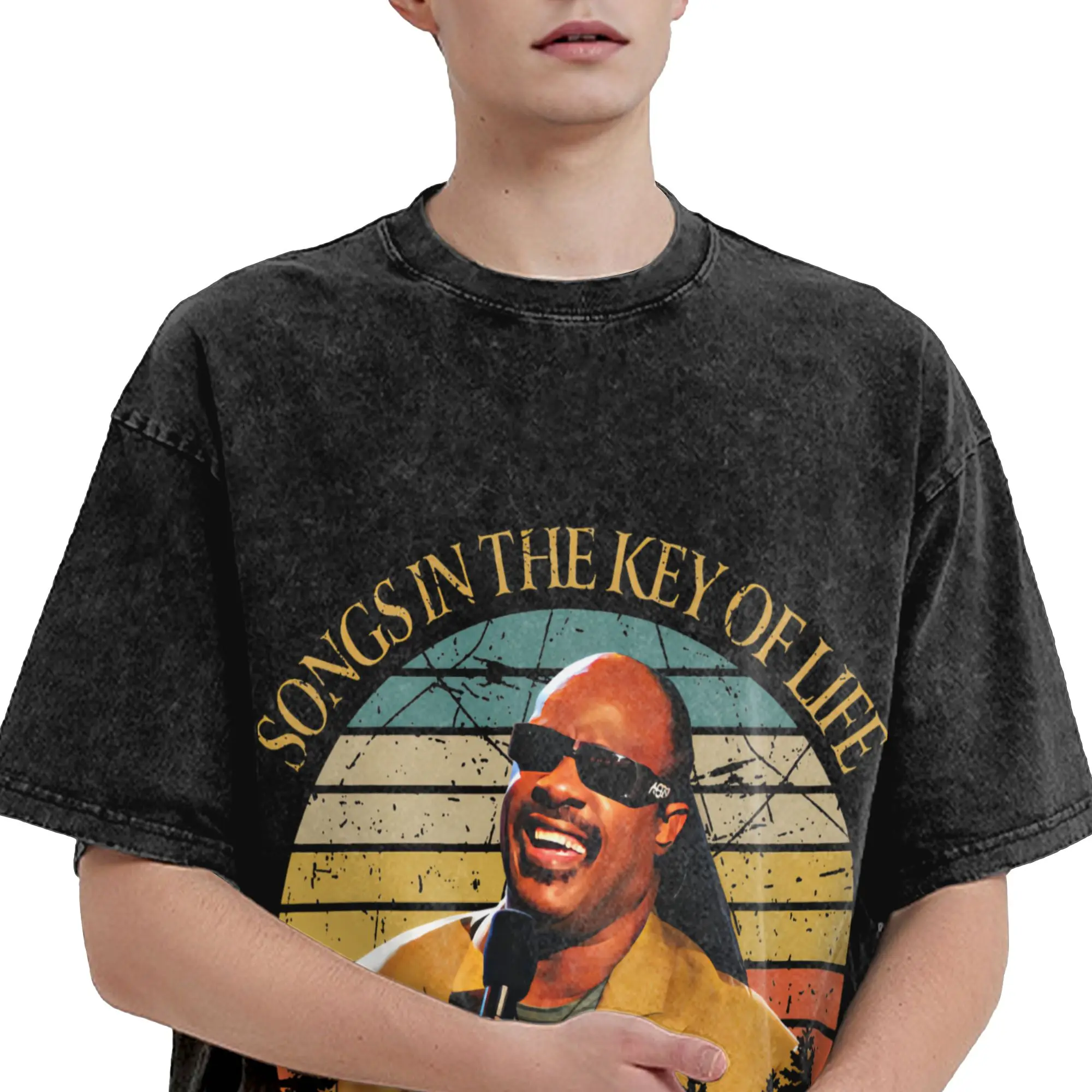 Harajuku Washed Shirt Stevie Wonder Songs in The Key of Life 50th Anniversary Tour Fashion T Shirt Oversize  Streetwear