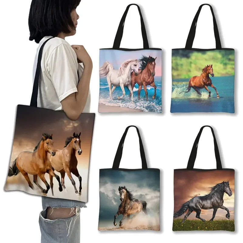 Cool Animal Horse Shopping Bag Fashion Canvas Shoulder Bag borsa da donna borse da viaggio per ragazze Totes da donna