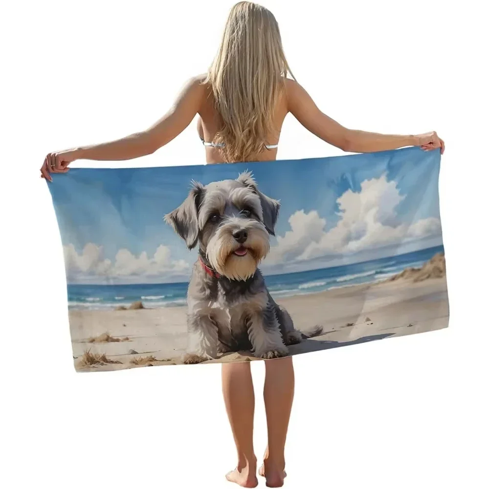 Artistic Pet Schnauzer Pattern Beach Towel Quick Dry Absorbent Sand Free Large Towel Essential for Travel Pool Bathroom Use