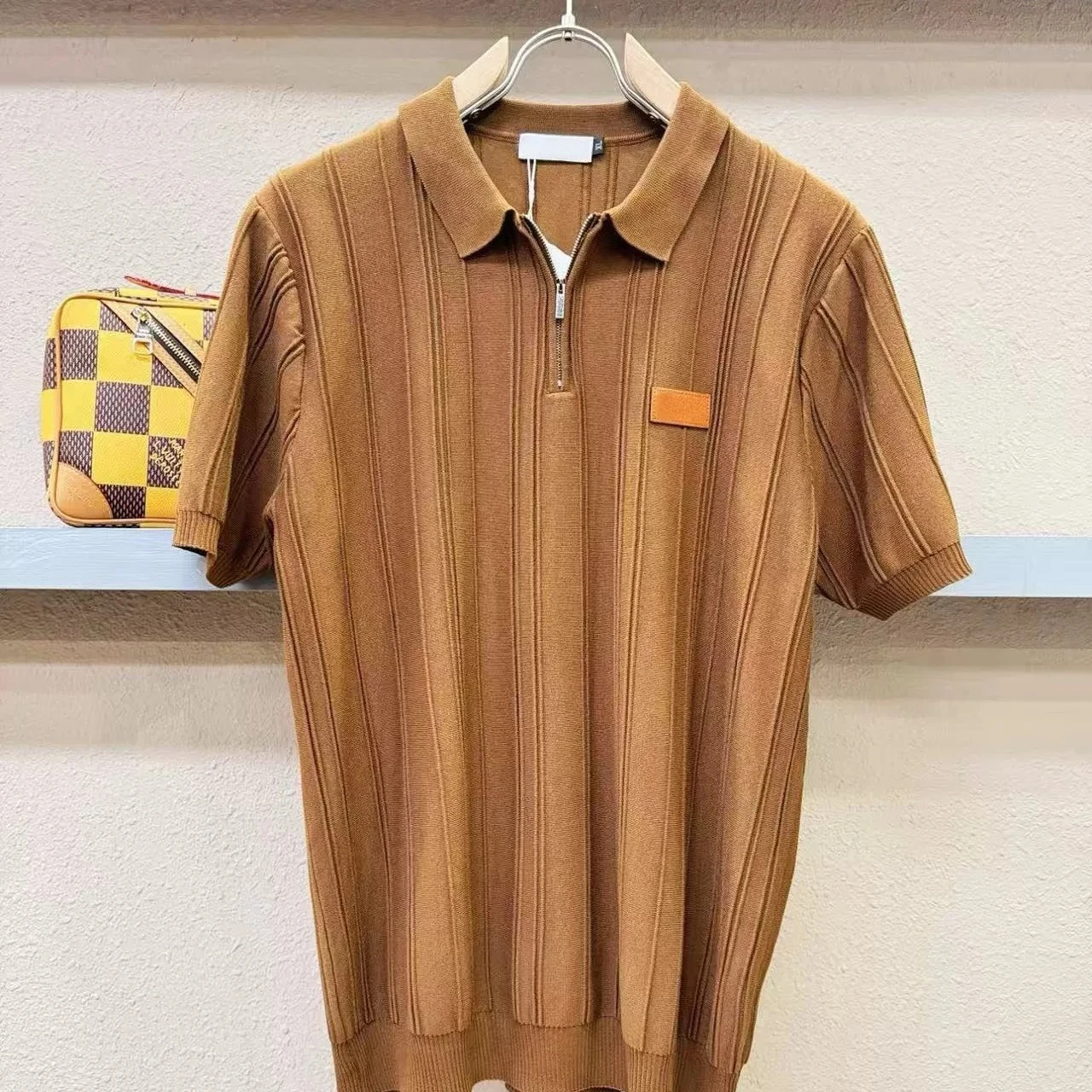 Italian chest leather old money BC gentleman short-sleeved casual lapel knitted POLO shirt