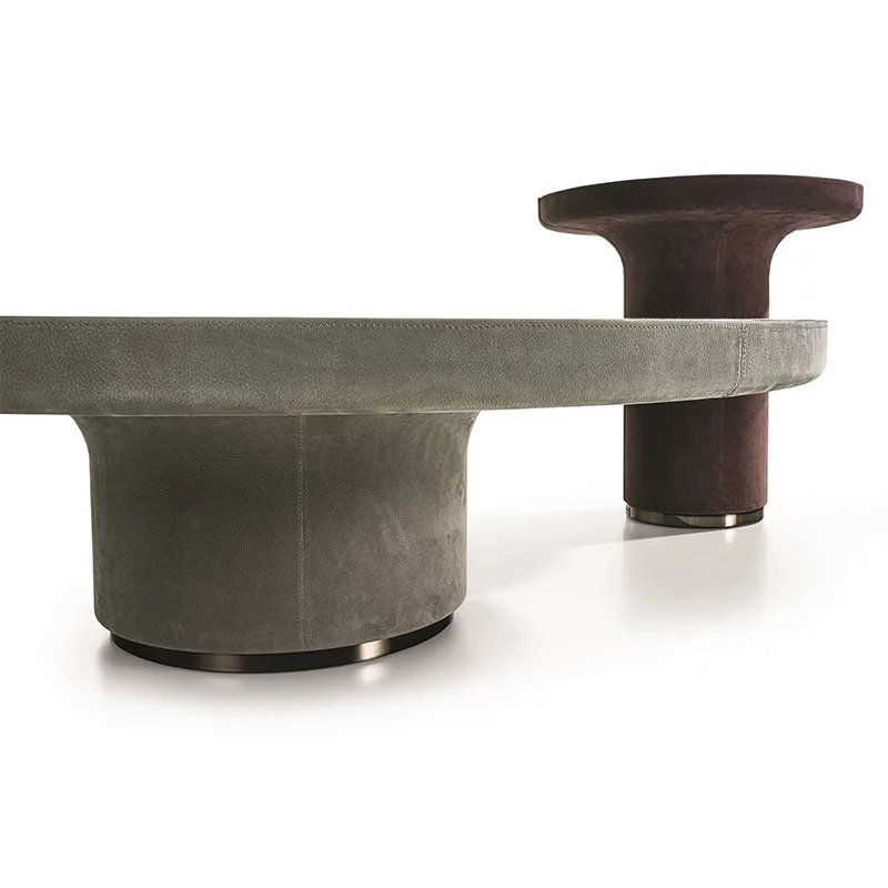 Light luxury round marble coffee table set wooden sticker matte leather minimalist sofa edge table