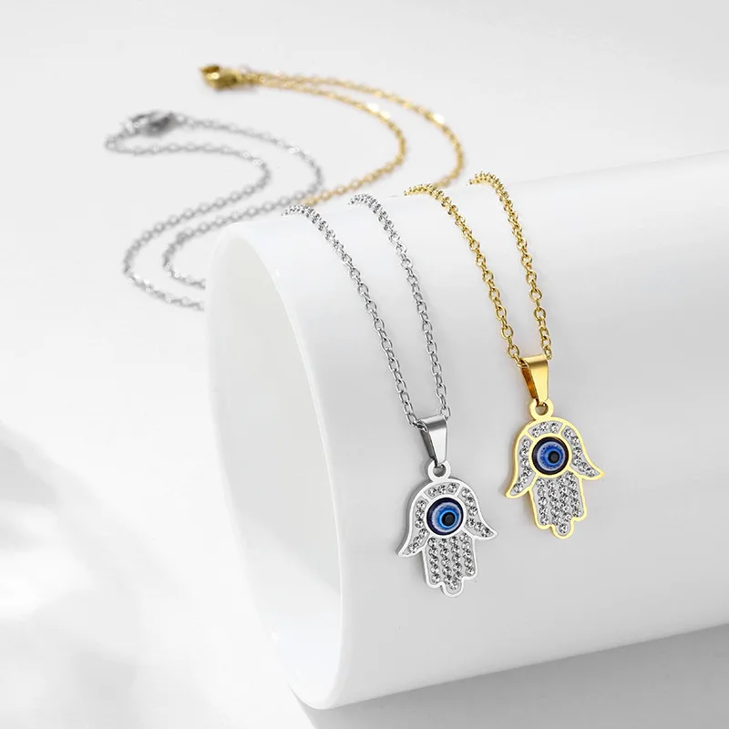 2025 New Women's Necklaces Fashion Zircon Blue Evil Eye Fatima Hand Pendant Necklace Jewelry