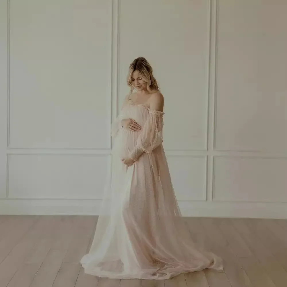 Maternity Dress Polka Dot Mesh One-word Shoulder Bubble Sleeve Photo Photography Floor Mopping Dress
