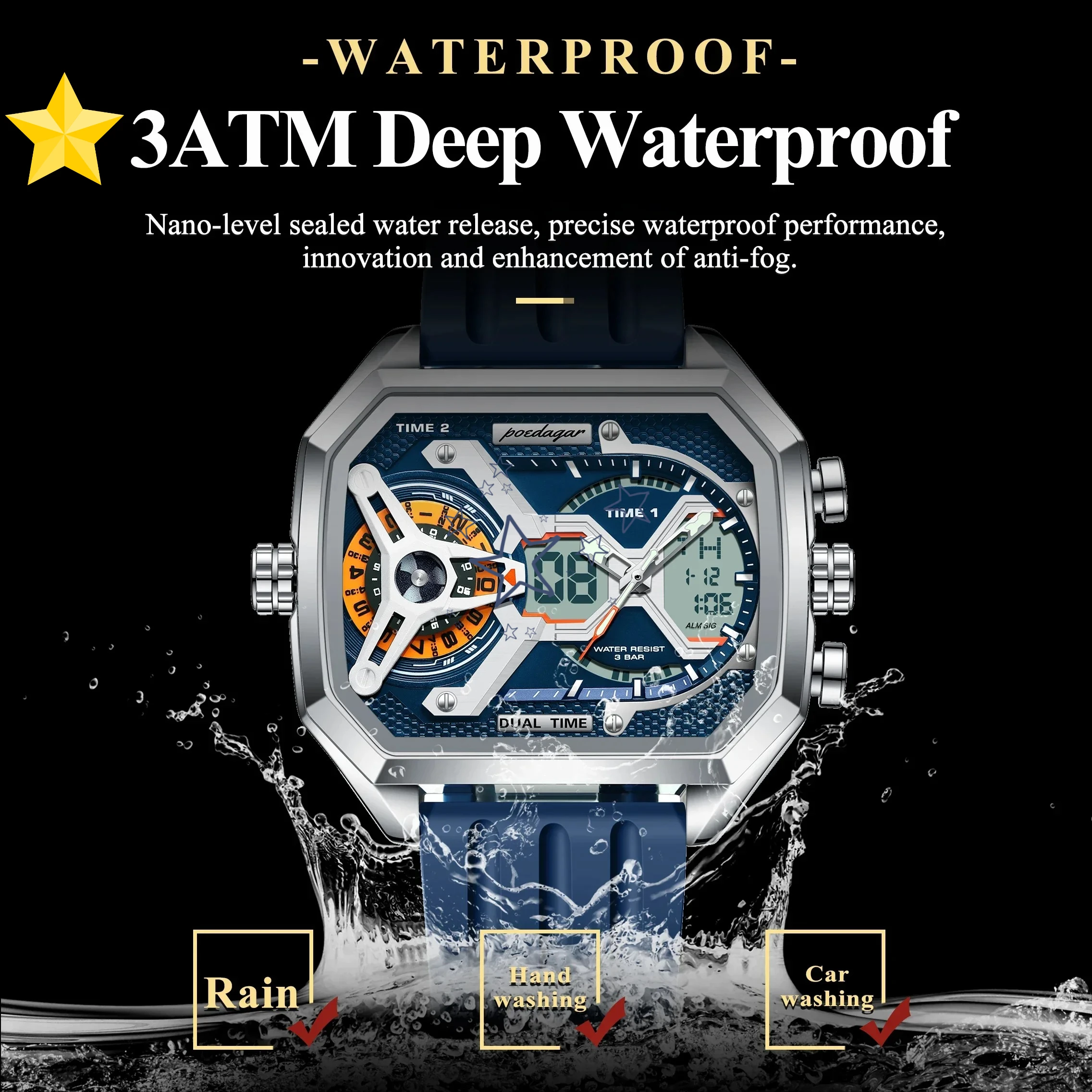 Digital Mens Watch LED Light Calendar Week Display Rectangular Sports Watch