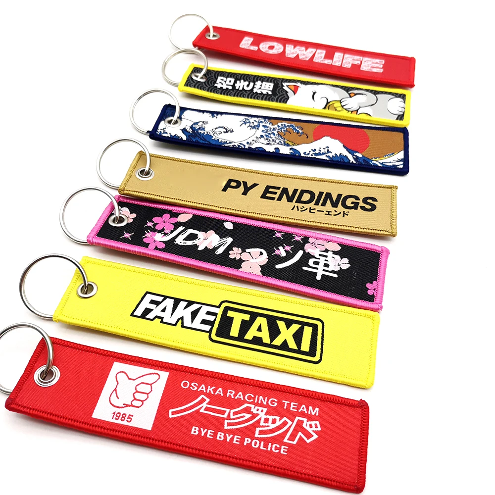 Newest JDM Keychain Car Culture Fashion Tags Embroidered Short Cloth Rectangle Polyester Auto Holder Charm KeyRing Fake Taxi