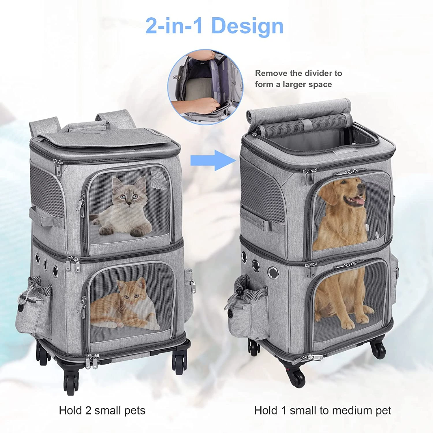 

LMZOE Double Layer Pet Cat Carrier Breathable Bag Foldable transportin with wheels Pull Rod for large Cats