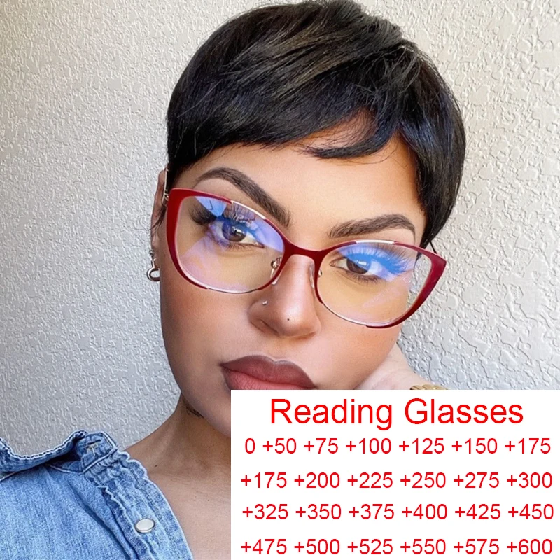 Anti Blue Light Reading Glasses For Women Big Luxury Prescription Metal Frame Red Cat Eye Female Eyeglasses Diopters +1.75 +2.25