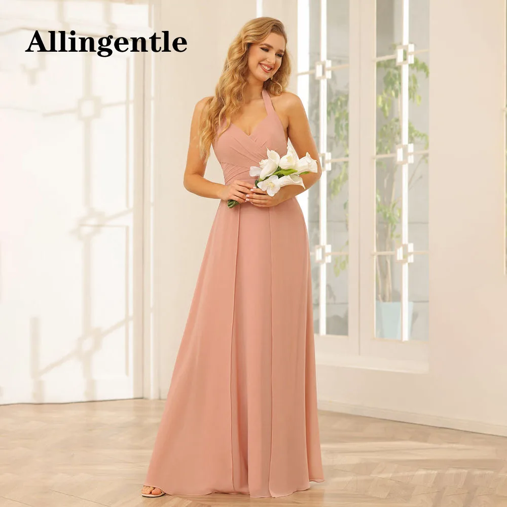 Allingentle A-Line Princess Halter Long Bridesmaid Dress with Slit Chiffon Sleeveless Formal Evening Dress Party Gown Customized