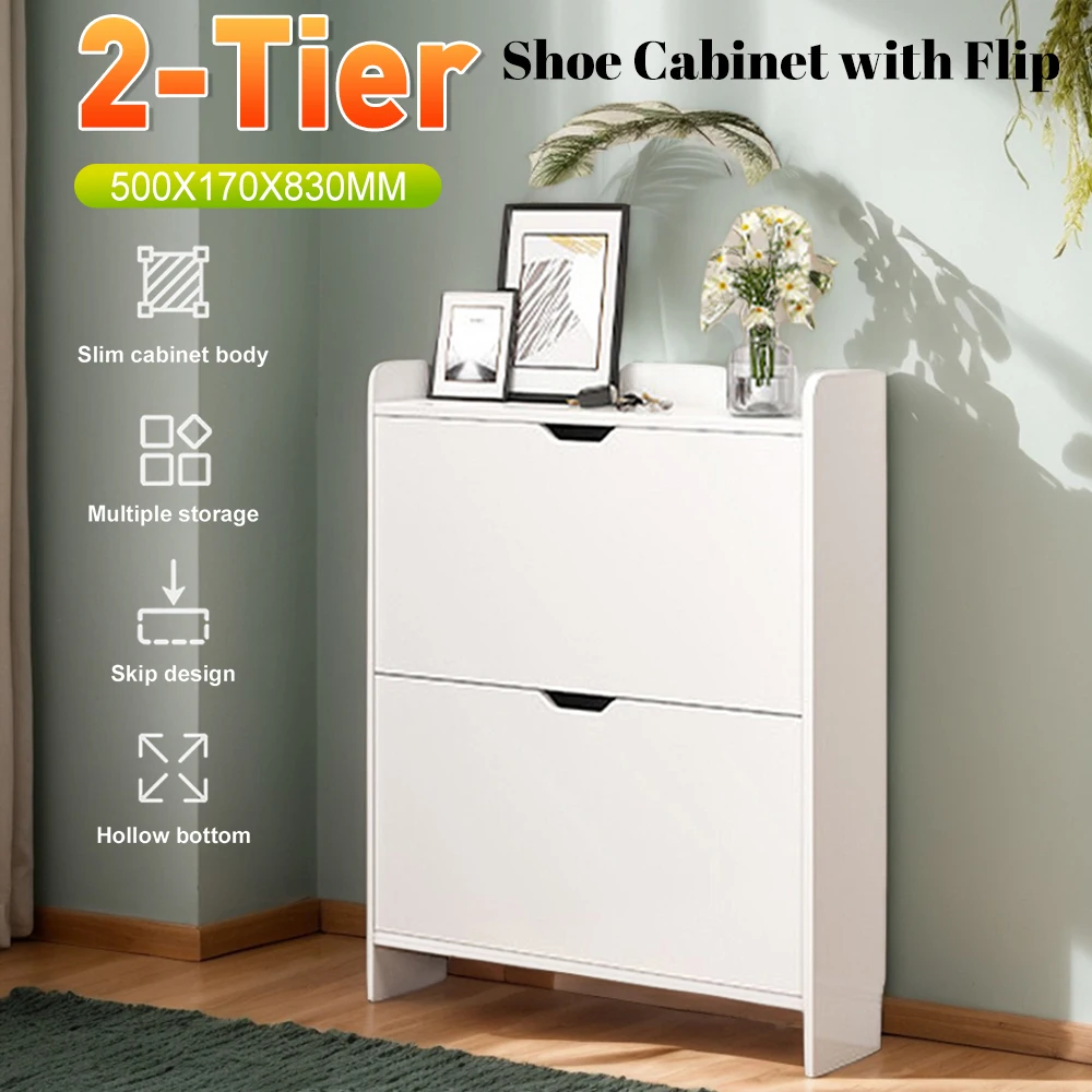 

Flip Bucket Shoe Cabinet 2-Tier Wooden Free-Standing Shoe Organizer Modern Large Capacity Storage Rack for Hallway Home Entry ﻿
