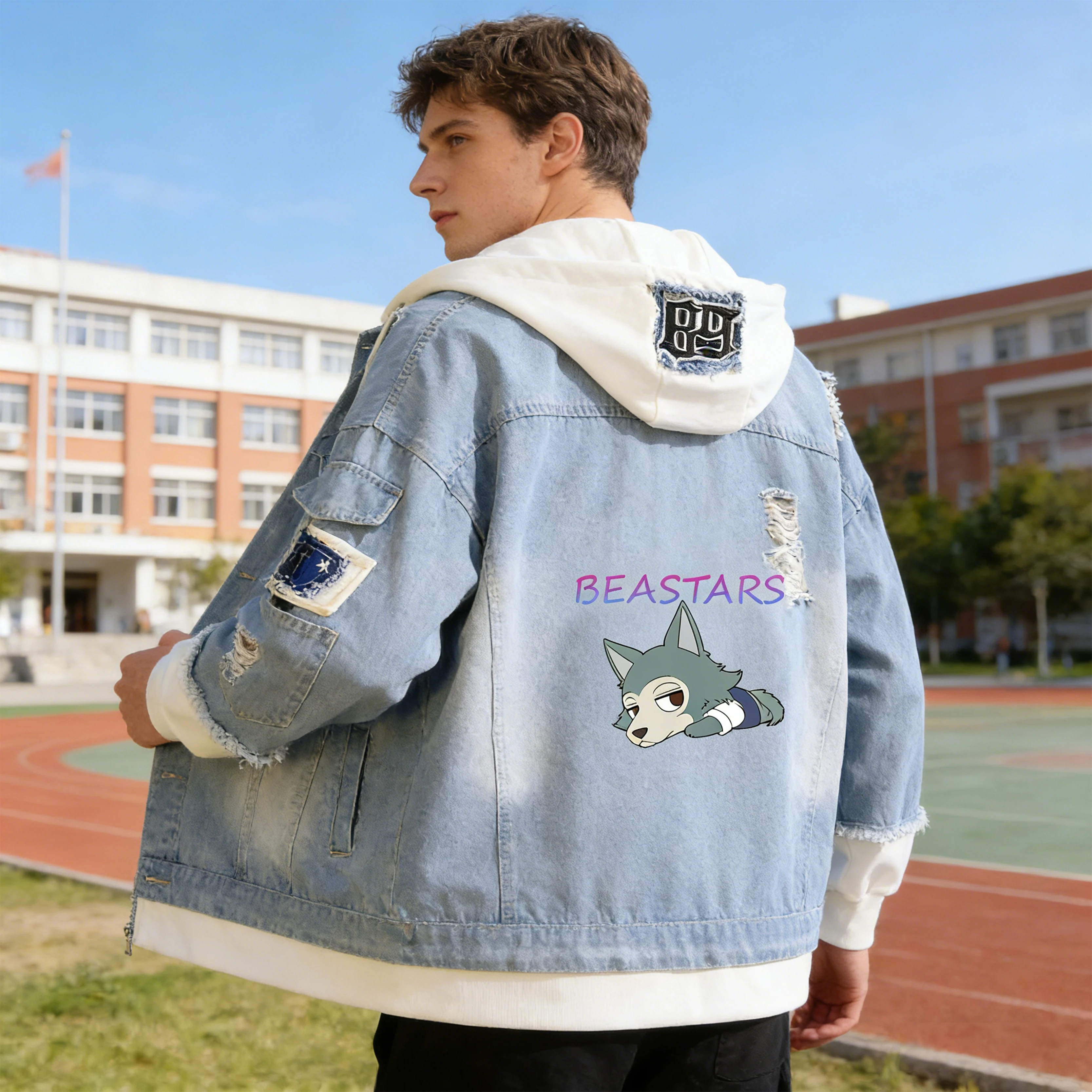 

BEASTARS Anime Demin Jacket Spring Harajuku Hoodies Unisex Hooded Sweatshirt Legoshi Cute Jeans Streetwear Couple Windbreaker