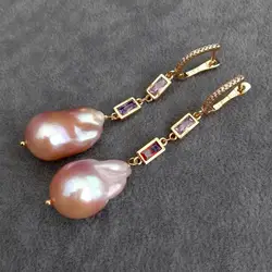 Y.YING Natural Cultured Pink Keshi Pearl Cz Pave Chain Dangle Lever Back Earrings Classic For Women