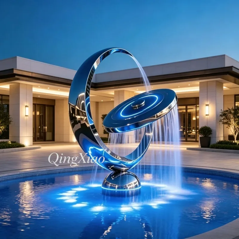 Modern Crescent Disc Overflow Water Flow Stainless Steel Sculpture Custom Polished Water Ornament Hotel Lobby Garden Landscape