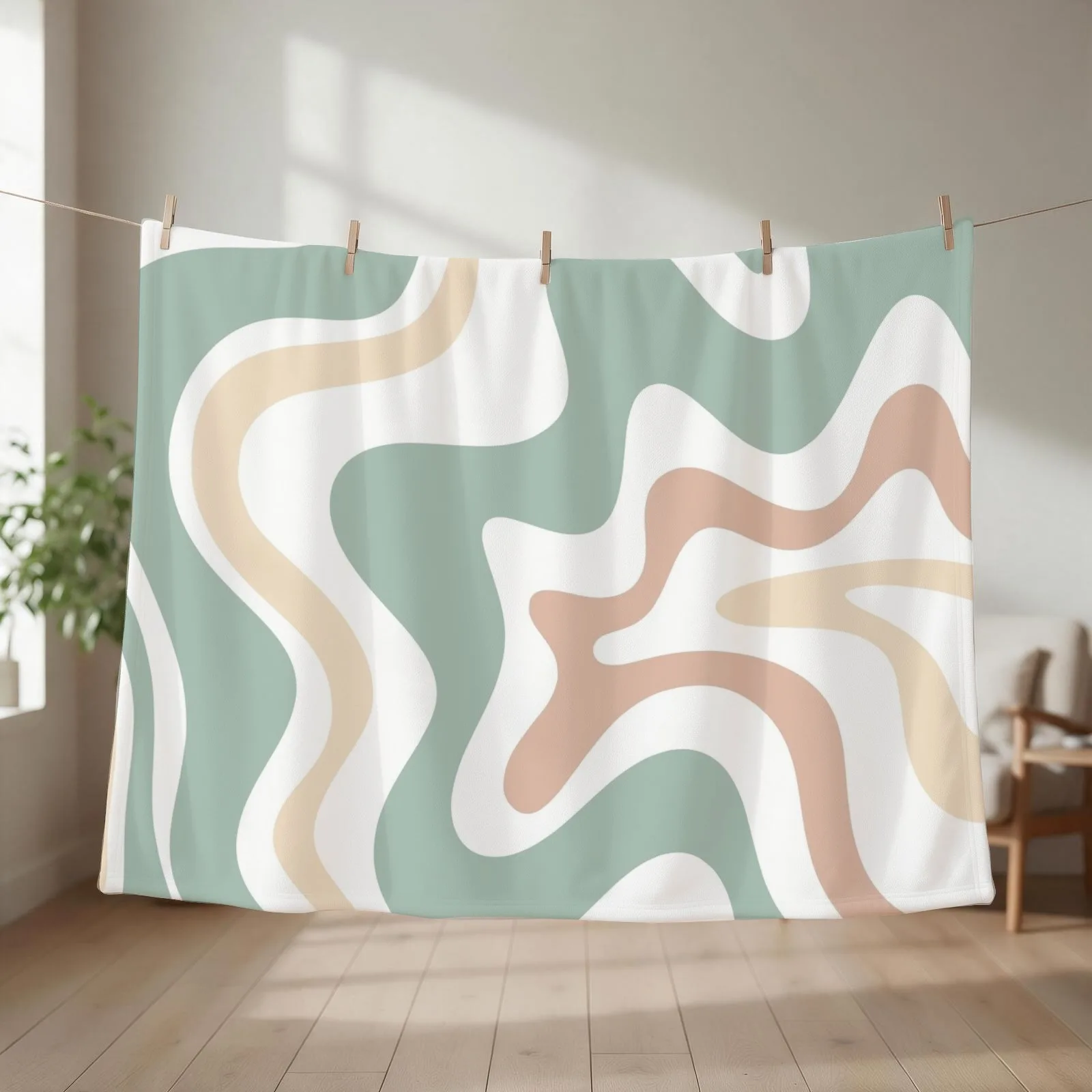 Liquid Swirl Retro Abstract in Light Sage Celadon Green, Light Blush, Cream, and White Throw Blanket For Baby Sofa Blankets