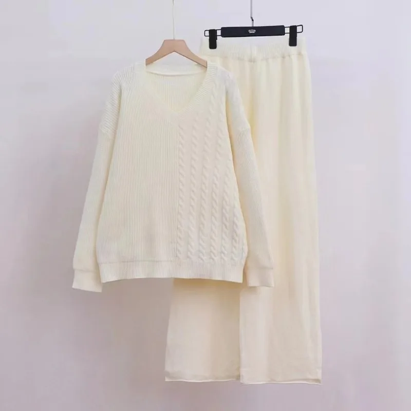 Ensemble 2 pièces pour femmes, pull irrégulier tricoté, pantalon à jambes larges, costume d'automne, nouvelle collection E12289