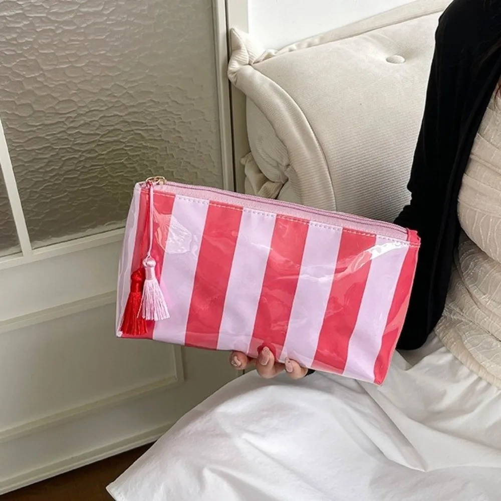 Waterproof Striped Cosmetic Bag Polyester Lining Tassel Pendant PVC Toiletry Bag Large Capacity Smooth Zipper Beach Storage Bag