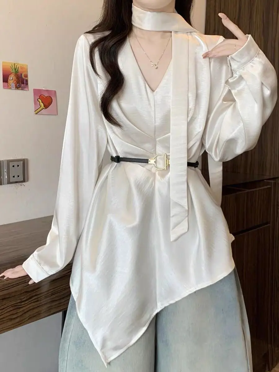 

Ele V-Ne Long Sve Acetate Satin Belted Women's irt plus Size Comfortable Breathable Korean Sle Office Wear