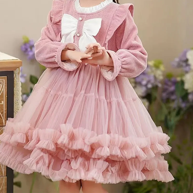 Autumn Winter Korean Harajuku Sweet Girls Princess Dress Kawaii Bow Party Dress Long Sleeve Ball Gown Solid Children\'s Clothing