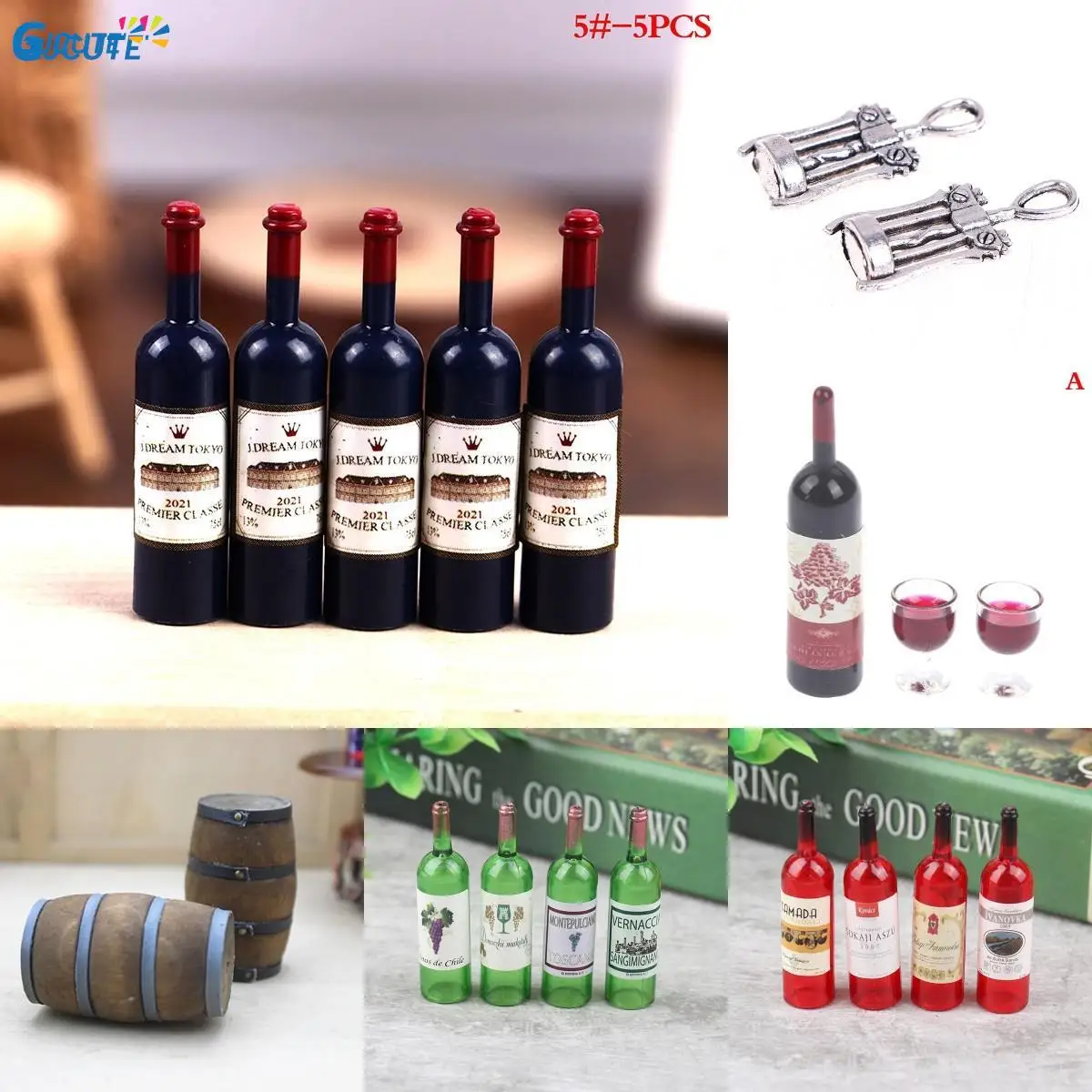 Mini Wooden Red Wine Barrel Miniature Red Wine Bottles & Cups Bottle Opener for Doll House Decoration 1:12 Dollhouse Accessories