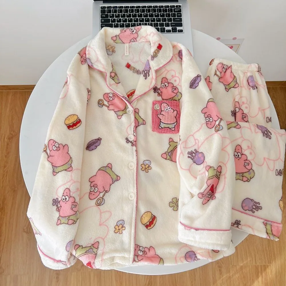 SpongeBob Patrick Star Pigiama di flanella Set Autunno inverno addensato in pile di corallo Pigiama caldo e accogliente per le donne Regali