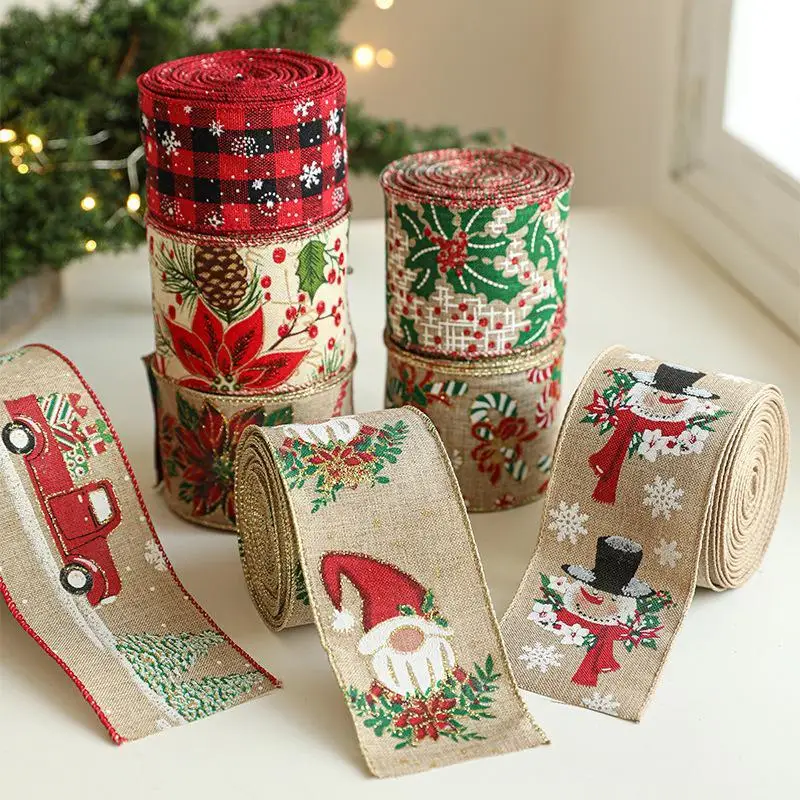 2M/Roll Linen Christmas Ribbon Xmas Tree Printed Gift Wrap Ribbon Snowman Handmade Gift Box Packing Strap New Year Gift