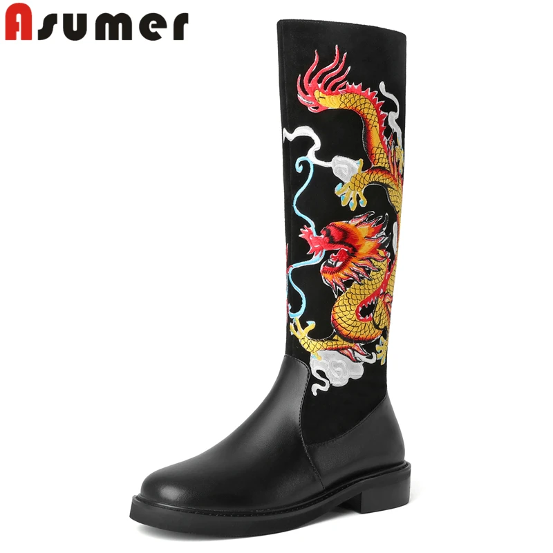 

ASUMER Plus Size 33-43 New Knee High Boots Women Genuine Leather Zipper Ladies Shoes Embroidery Handmade Retro Long Boots