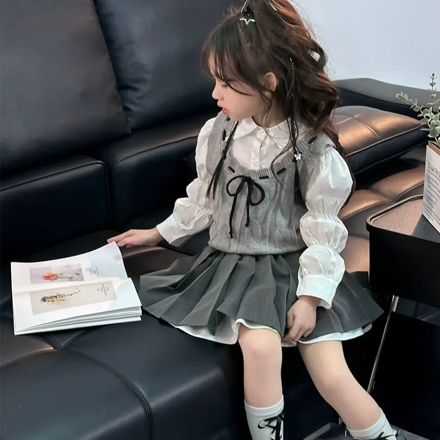 Elegance Spring Autumn Childent Thick Warm Girls Knit Pullover Knit Vest+White Shirt +Pleated Skirt 3Pcs Cotton Suits Uniform