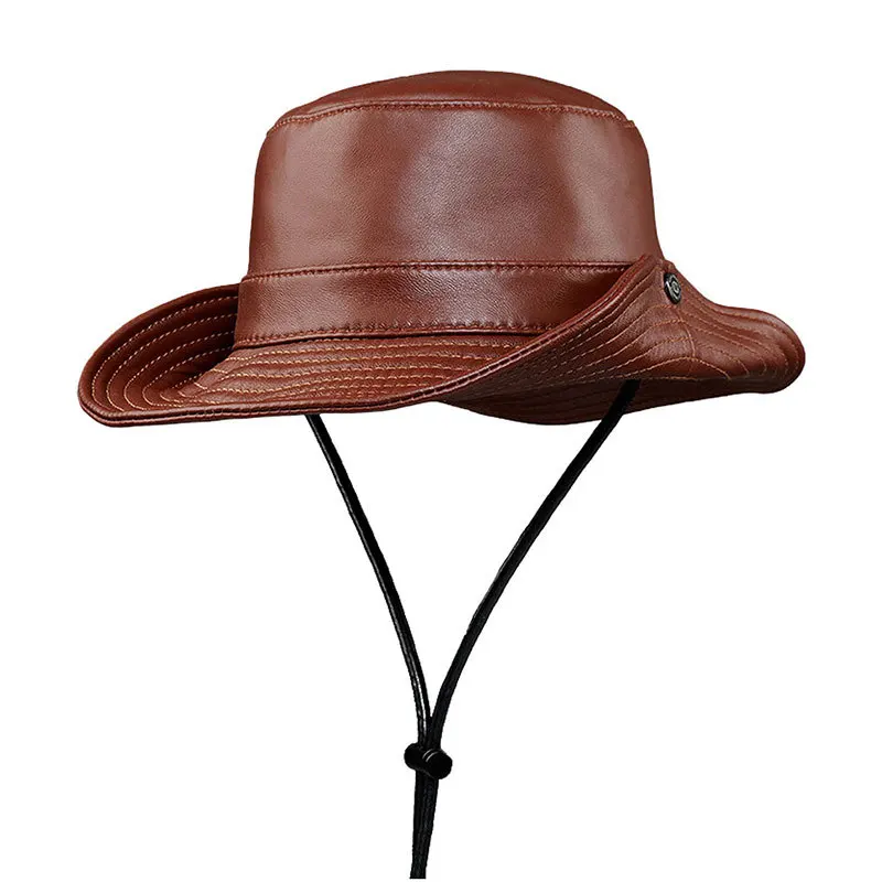 men-genuine-leather-bucket-hat-outdoor-sun-protection-cowboy-fishing-hat-adjustable-chin-strap-vintage-casual-travel-bucket-cap