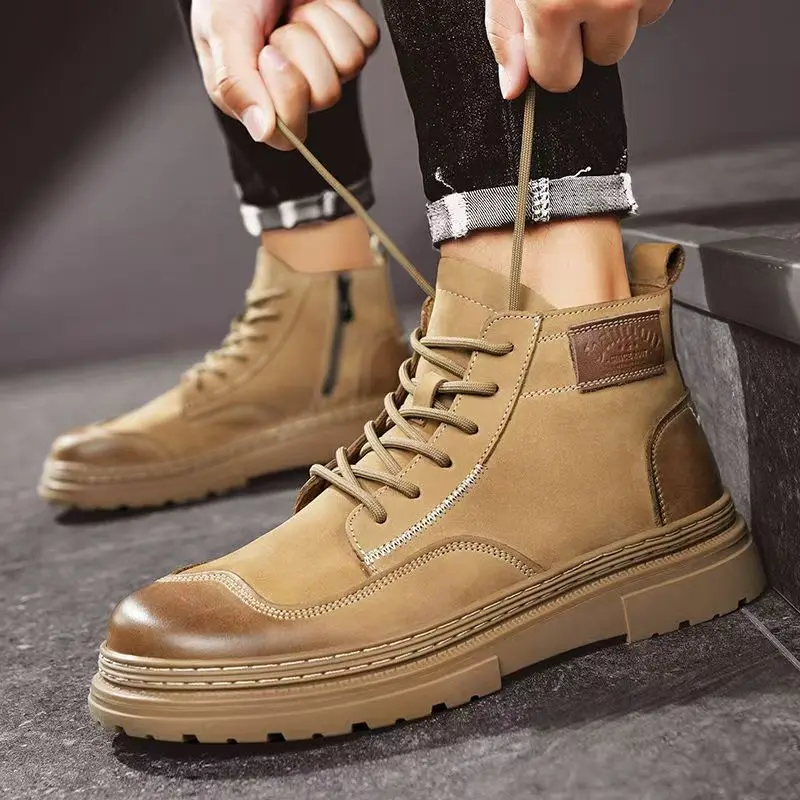 

Men Autumn Winter Leather Ankle Work Boots Thick Sole Non Slip Round Toe Lace Up Waterproof Outdoor Hiking Boots Motorcycle Boot