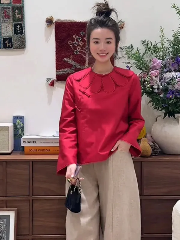 

Ele Bla Furry Women's irt Slim Fit Beautiful Unique Chinese National Sle Long Sve Commute irt for Young Women