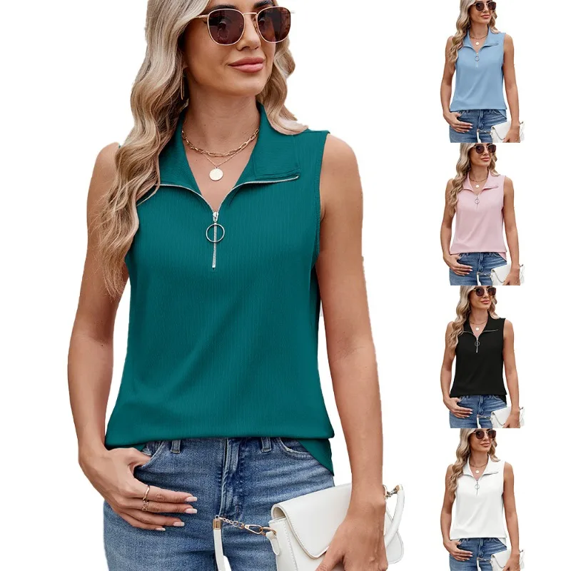 2025 Spring Summer Women's Pure Color Zipper Lapel Loose Vest Casual Top T-shirt European And American Style